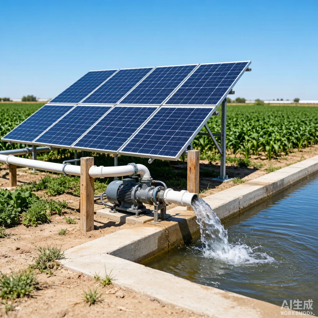 Solar water pump system at rural community water supply project with elevated storage tank serving village