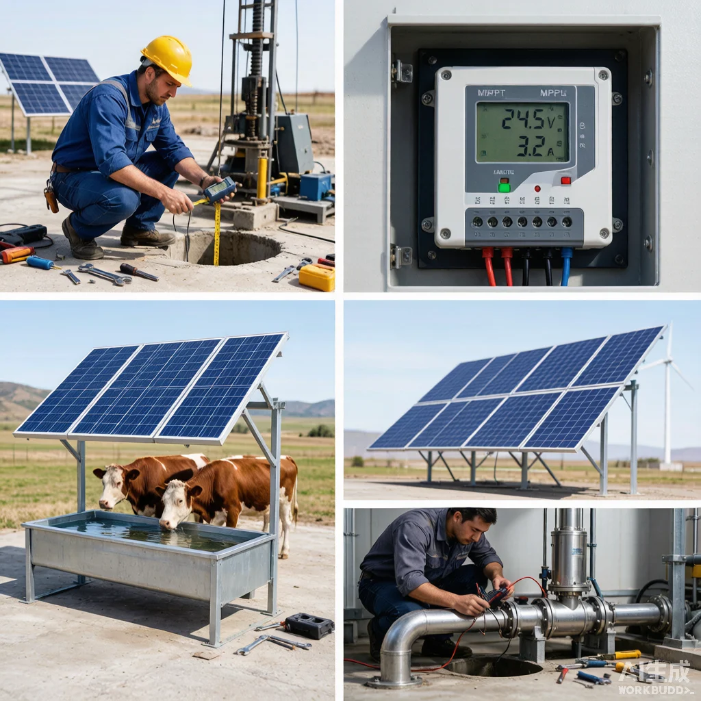 Installation team setting up solar water pump system with panels mounting structure and wellhead connection at agricultural site