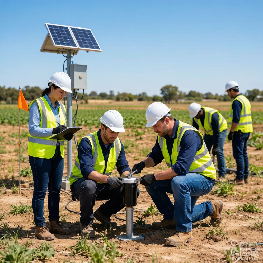 Smart solar water pump system with IoT sensors and digital monitoring dashboard showing real-time performance data